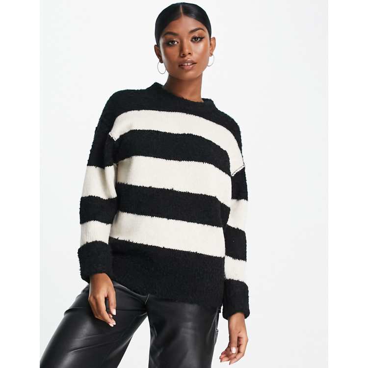 ASOS Design Sweater in Mixed Yarn Stripe in Black and white-Multi