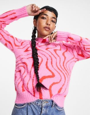 ASOS DESIGN sweater in swirl pattern in fluffy yarn in pink and red | ASOS