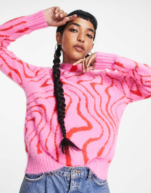 ASOS DESIGN sweater in swirl pattern in fluffy yarn in pink and red