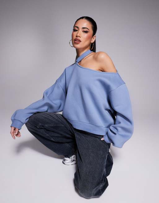 ASOS DESIGN - Sweater met uitgesneden schouder en ballonmouwen in schemerig blauw