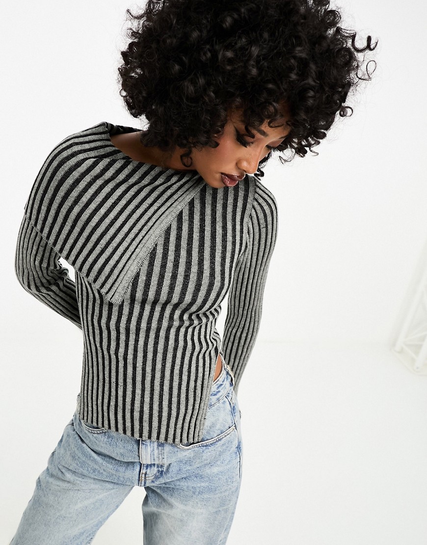 Asos Design Sweater With Asymmetric Neck In Plated Rib In Gray