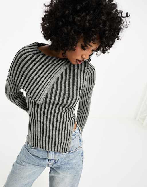 ASOS DESIGN sweater with asymmetric neck in plated rib in gray