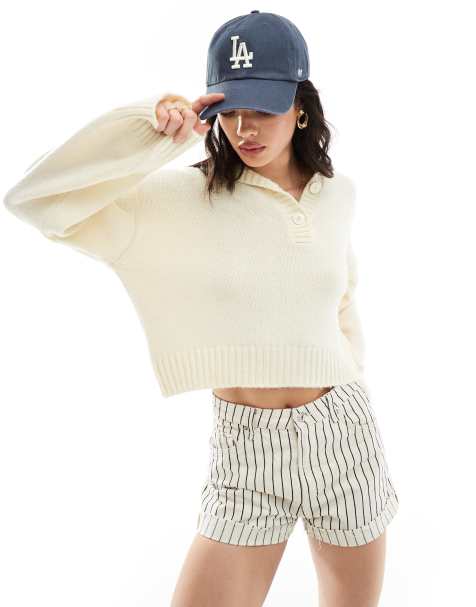 ASOS DESIGN sweater with button collar in cream - view 1