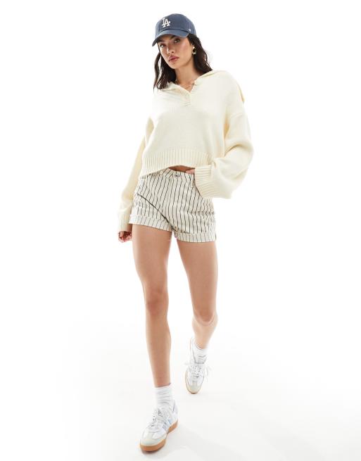 ASOS DESIGN sweater with button collar in cream