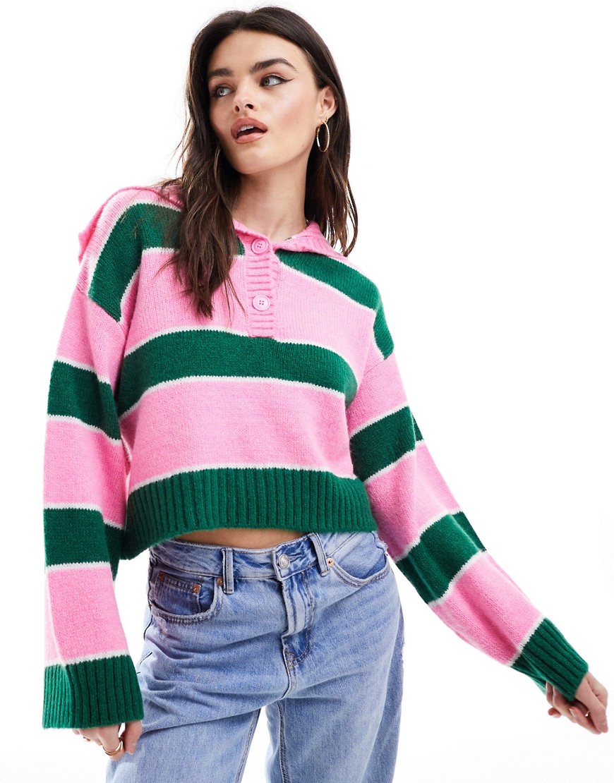 Asos Design Sweater With Button Collar In Pink And Green Stripe-multi