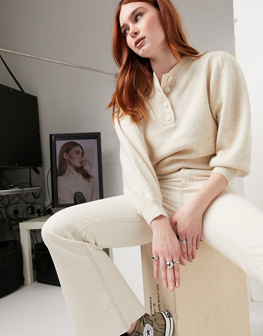 ASOS DESIGN sweater with button placket in oatmeal-Neutral