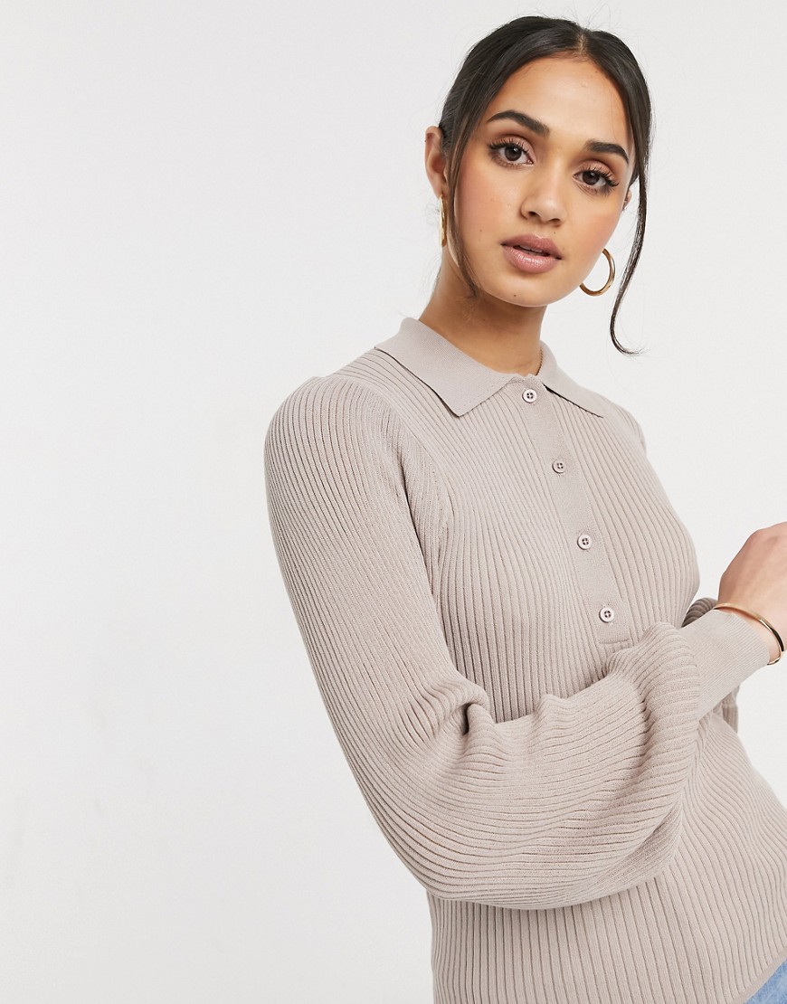 ASOS DESIGN sweater with collar and button placket detail in camel-Neutral