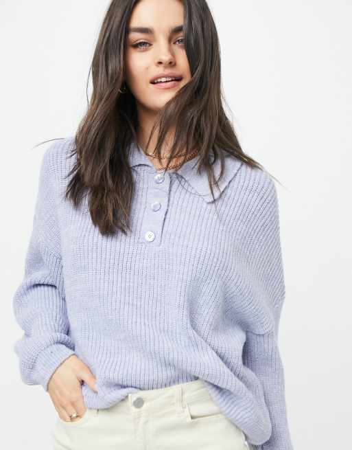 ASOS DESIGN sweater with collar and button placket in blue