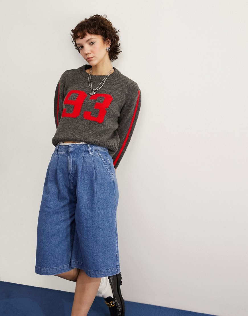 Asos Design Sweater With Collegiate Pattern In Gray