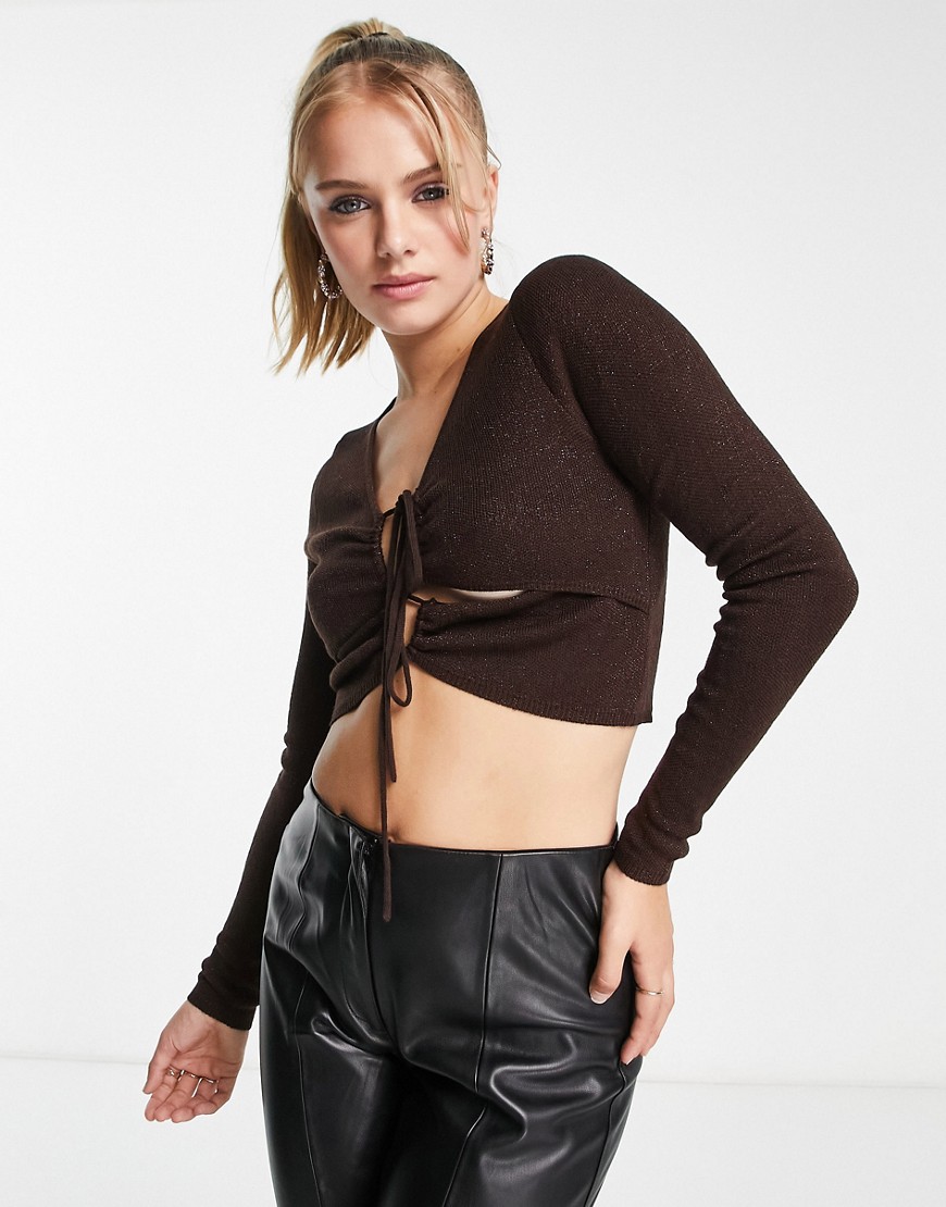 ASOS DESIGN sweater with cut out and tie front in metallic yarn in brown