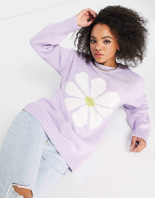 ASOS DESIGN knitted jacquard knit sweater with pansy design in lilac