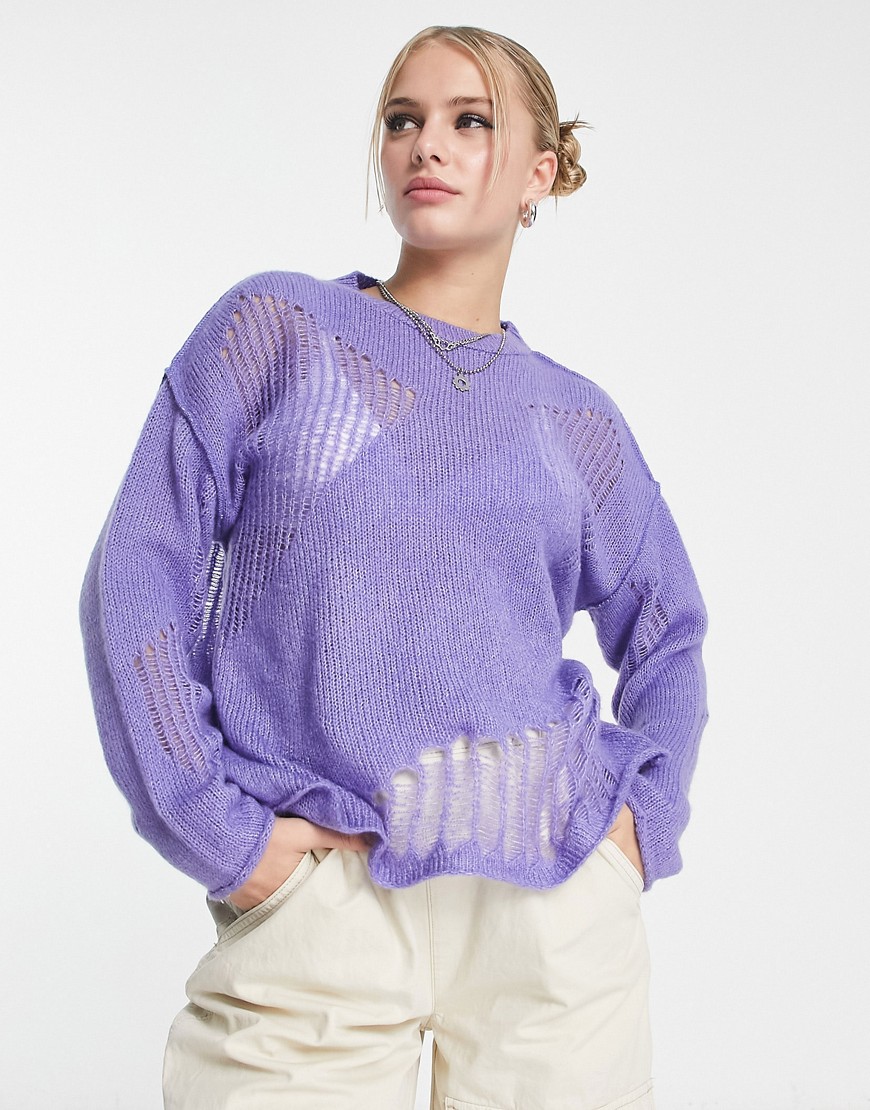 ASOS DESIGN sweater with distressed detail in loose stitch in lilac-Purple