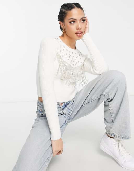 ASOS DESIGN sweater with embellished stones and fringe detail in cream