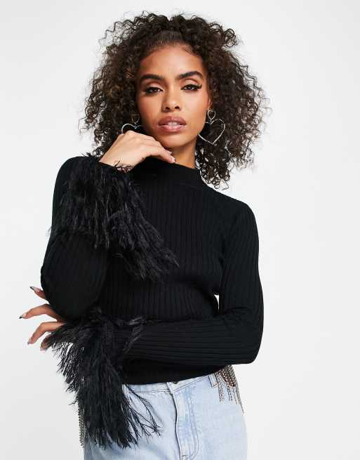 ASOS DESIGN sweater with faux feather cuff detail in black ASOS