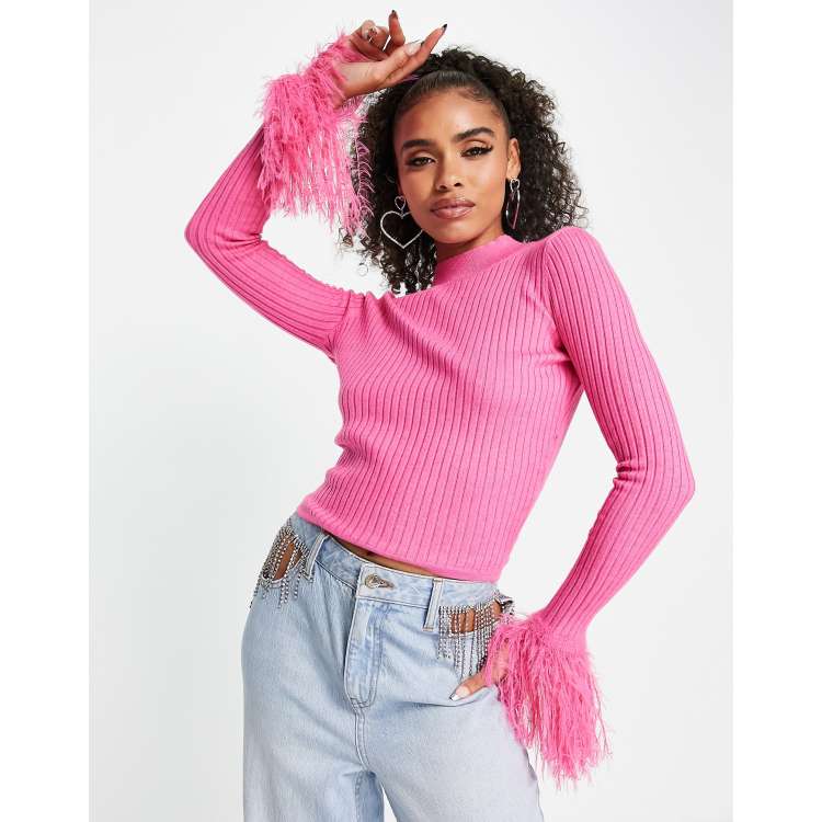 ASOS DESIGN sweater with faux feather cuff detail in pink | ASOS
