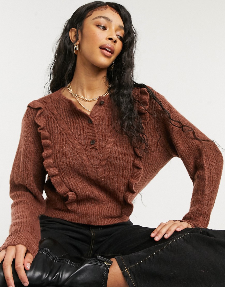 ASOS DESIGN sweater with frill and button placket detail in brown-Neutral