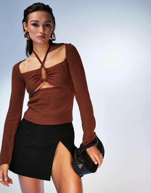 ASOS DESIGN sweater with halter neck and cut out front in brown