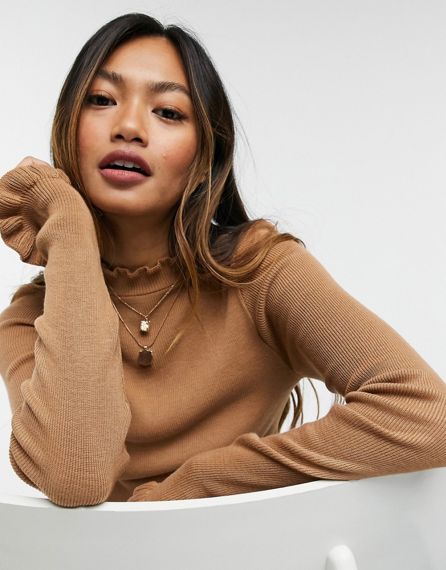 ASOS DESIGN sweater with high neck and frill detail in camel-Neutral