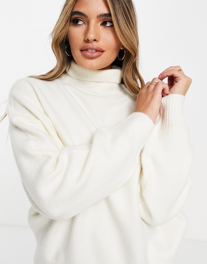 ASOS DESIGN sweater with high neck and volume sleeve in cream-White