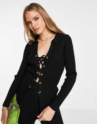 Asos Design Sweater With Lace Up Detail And Collar In Black - Part Of A Set