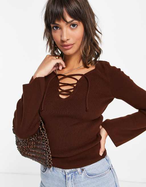 ASOS DESIGN sweater with lace up detail in brown, 2 of 4