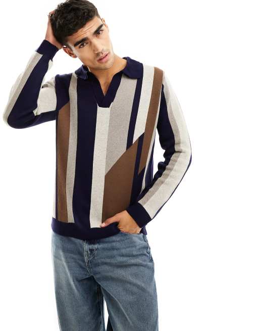 ASOS DESIGN sweater with notch neck in multi stripe