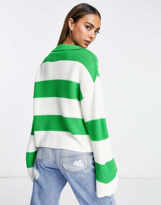 ASOS DESIGN sweater with open collar in textured green stripe 