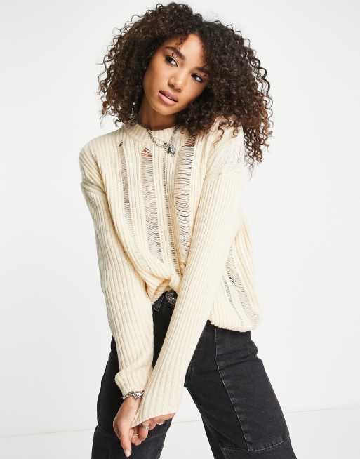 ASOS DESIGN sweater with open ladder stitch detail in cream ASOS