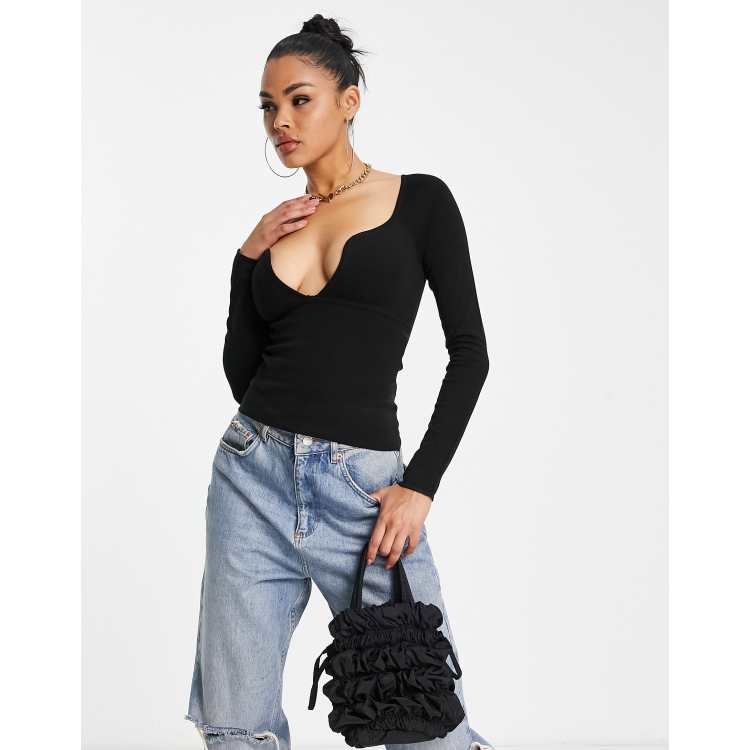 ASOS DESIGN sweater with plunge sweetheart neckline in black