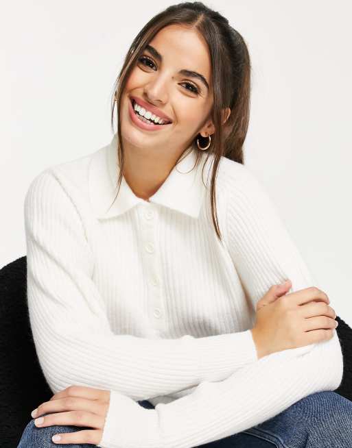 ASOS DESIGN sweater with polo neck in rib in cream