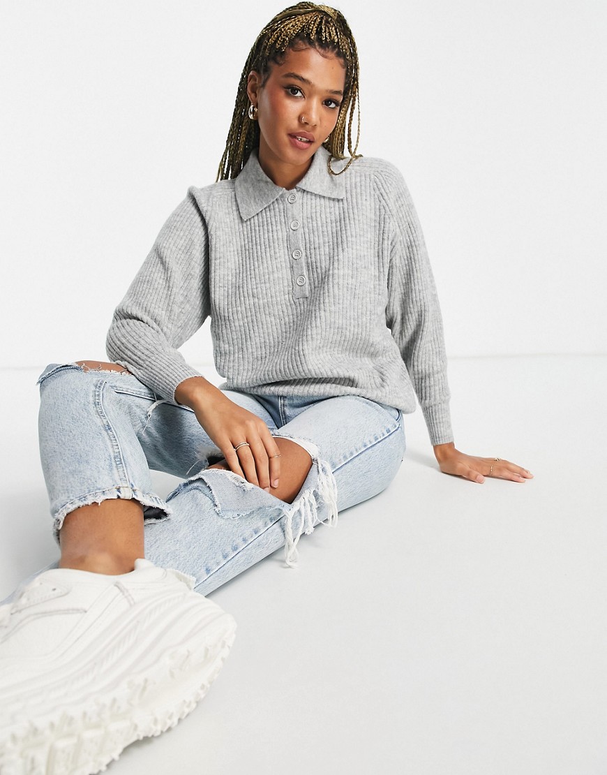ASOS DESIGN sweater with polo neck in rib in gray heather-Grey