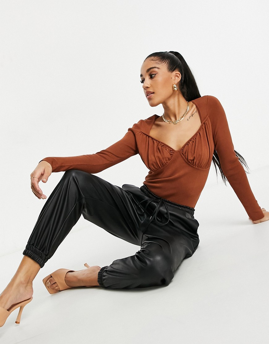 ASOS DESIGN sweater with ruched cup detail in brown