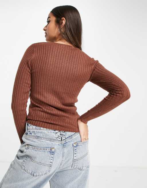 ASOS DESIGN sweater with scoop neck and button placket in brown, 3 of 4