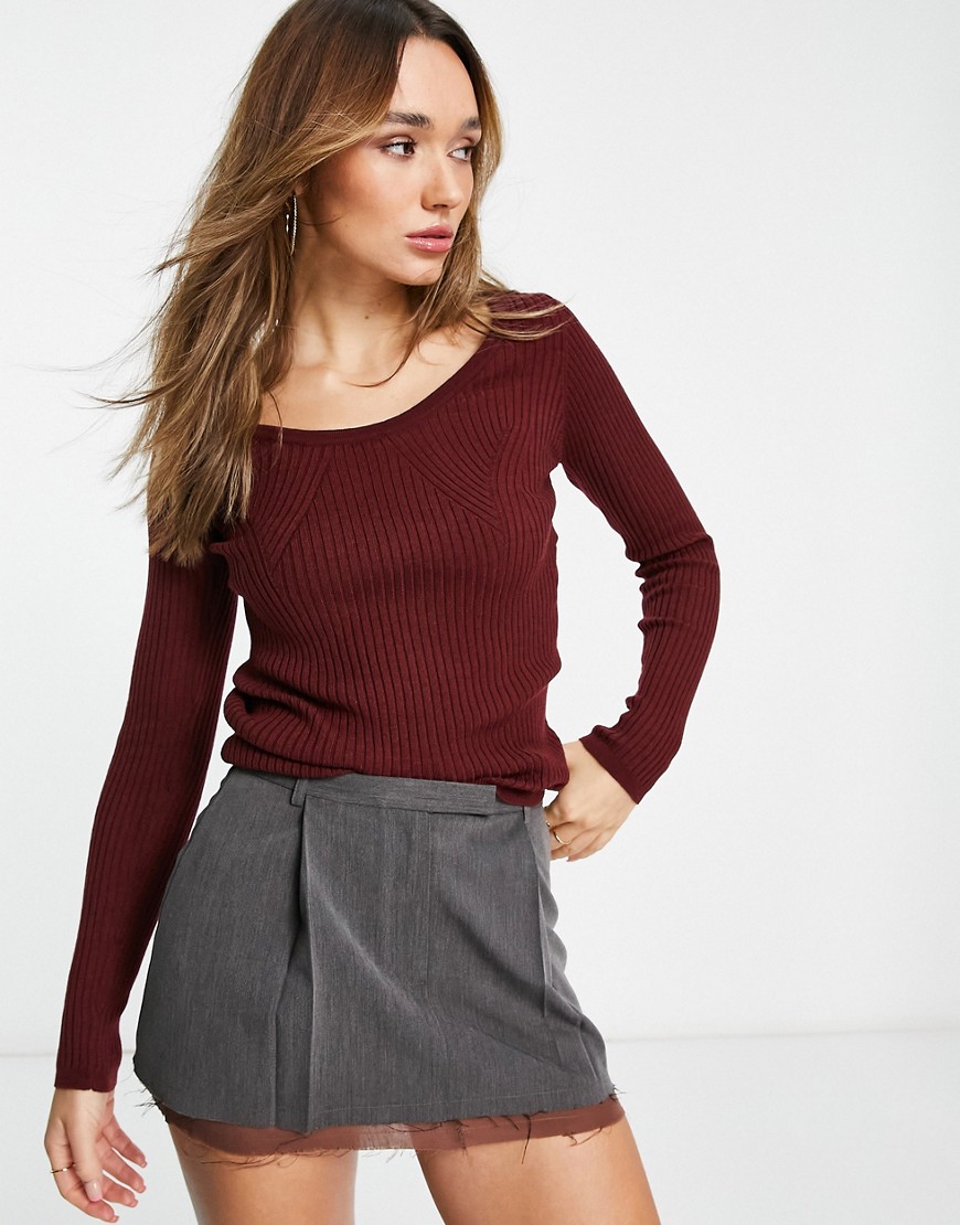 ASOS DESIGN sweater with scoop neck with rib bust detail in dark red