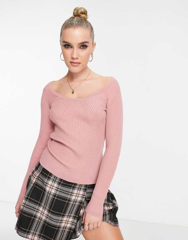 ASOS DESIGN sweater with scoop neck with ribbed bust detail in dusky pink