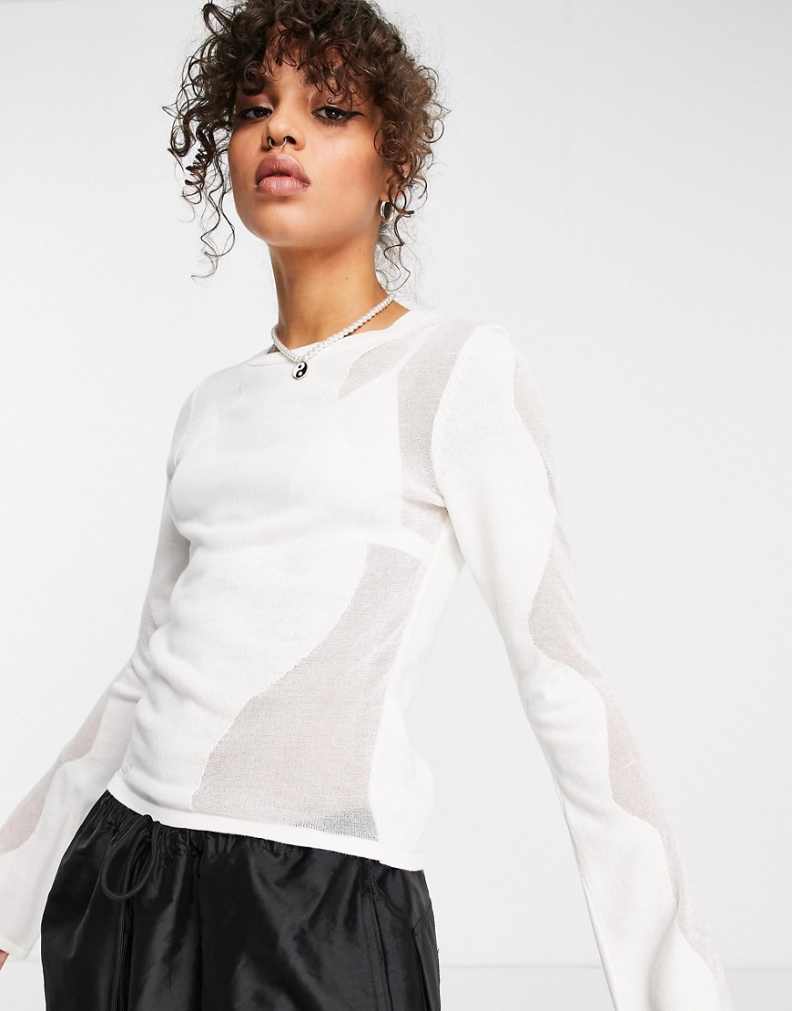 ASOS DESIGN sweater with sheer and solid contour stitch in cream-White
