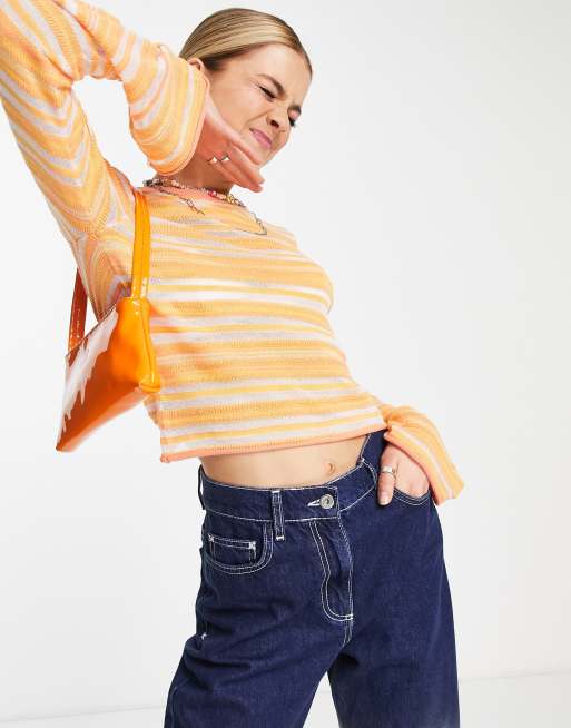 ASOS DESIGN sweater with sheer stripe in orange