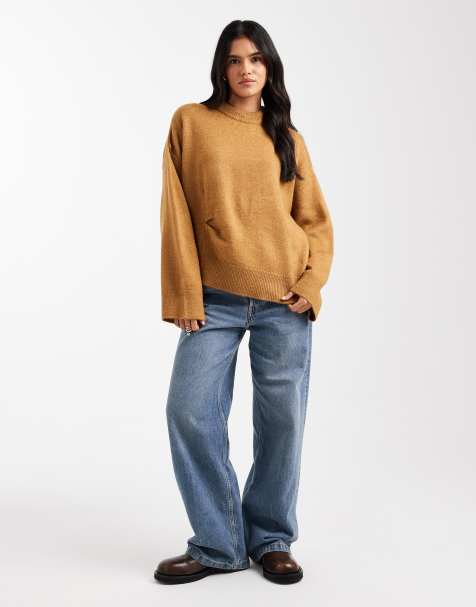 ASOS DESIGN sweater with split hem and pleated detail in cookie - view 1