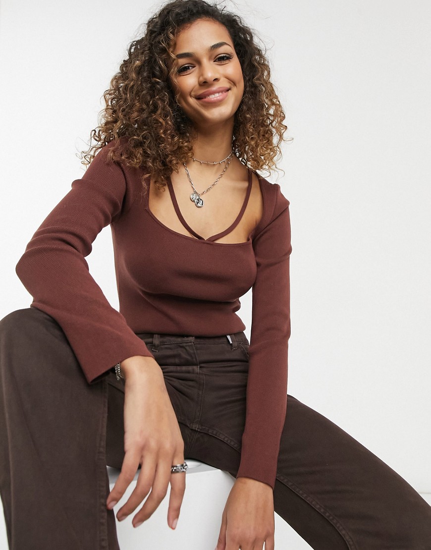 ASOS DESIGN sweater with square neck and strap detail in brown