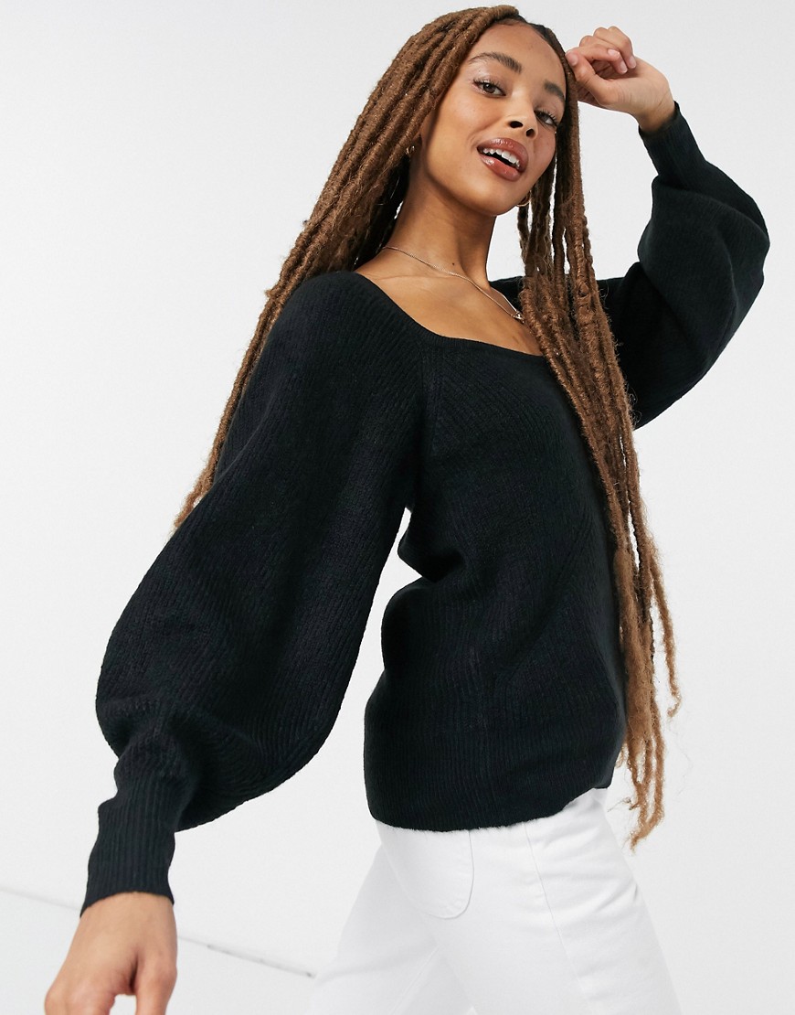ASOS DESIGN sweater with square neck and volume sleeve-Black