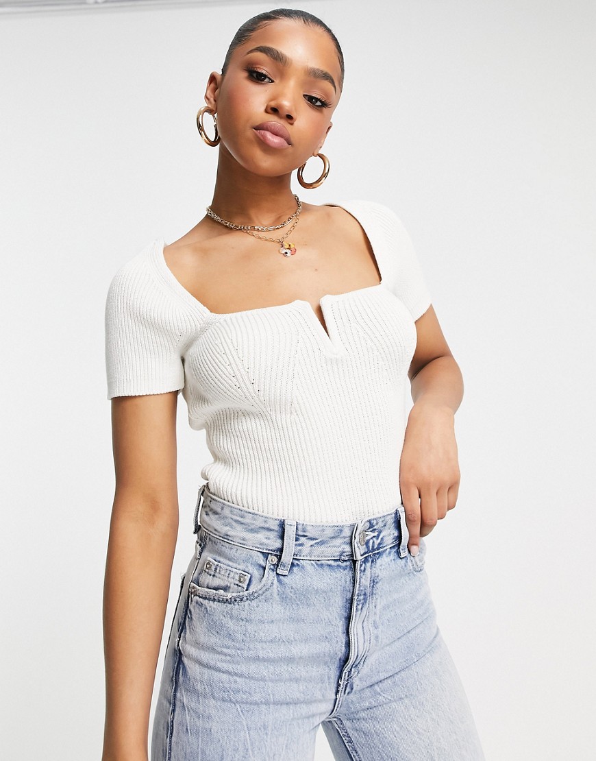 ASOS DESIGN sweater with V notch neck in cream-White