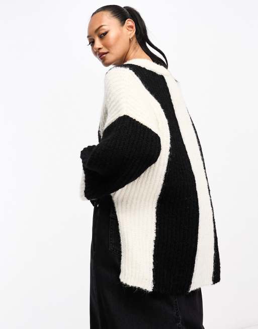 ASOS Design Sweater in Mixed Yarn Stripe in Black and white-Multi