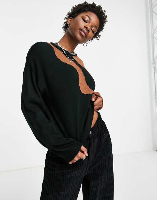 Asos Design Sweater With Wave Pattern In Black Asos