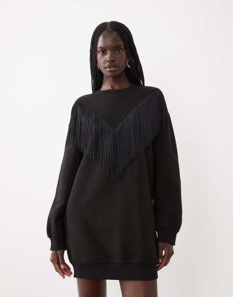 ASOS DESIGN sweatkjole med frynse-detalje i sort - view 1