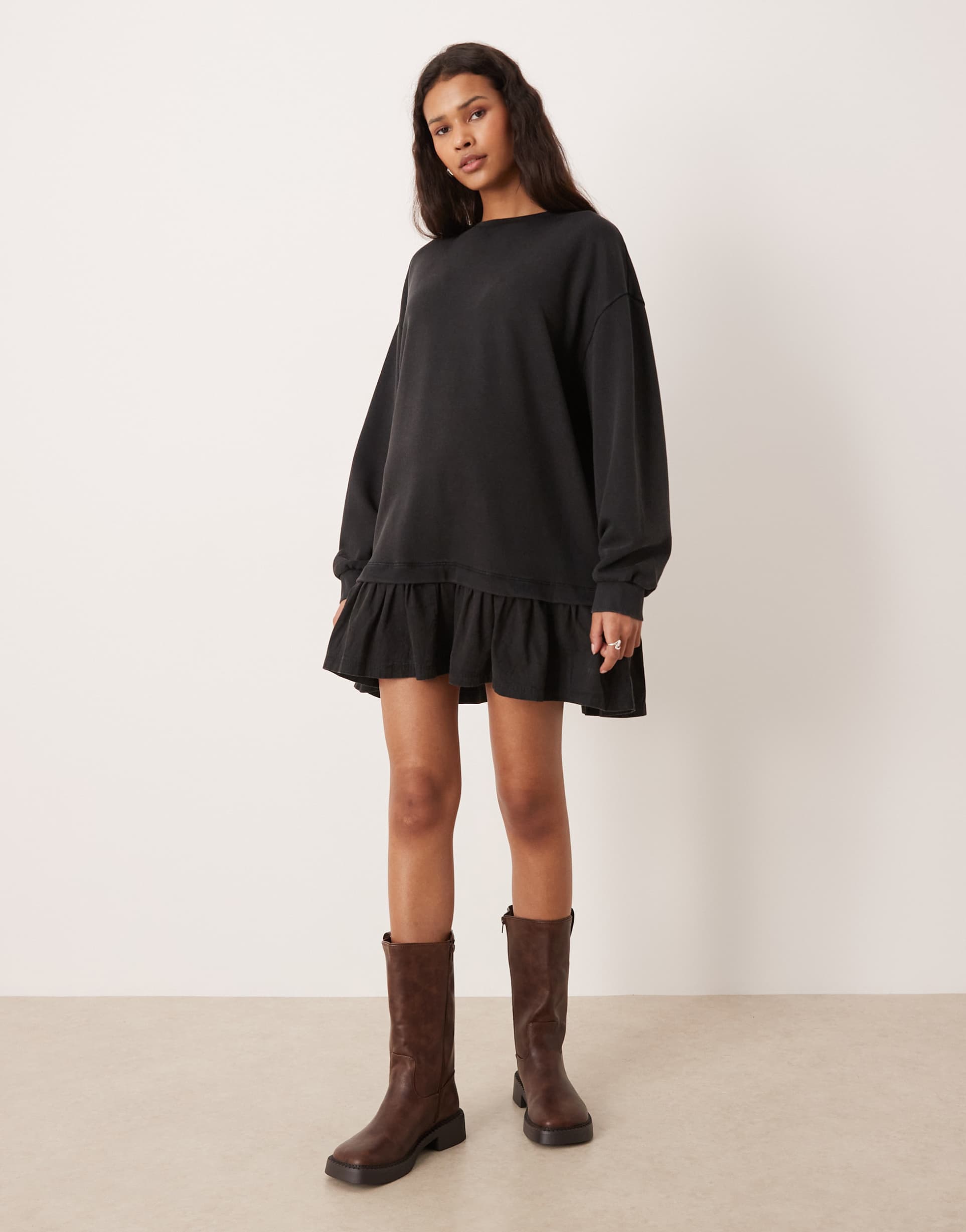 asos design sweats dress with woven hem mini dress in charcoal