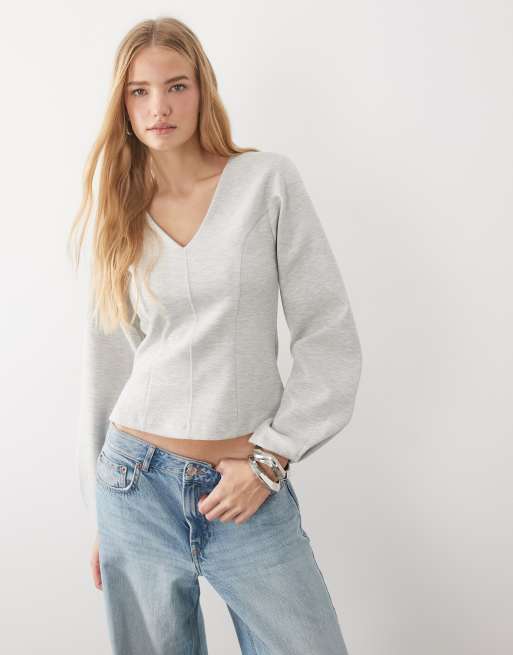 ASOS DESIGN sweatset i interlock med v-ringning och figursydd passform i gråmelerad, 3 av 4