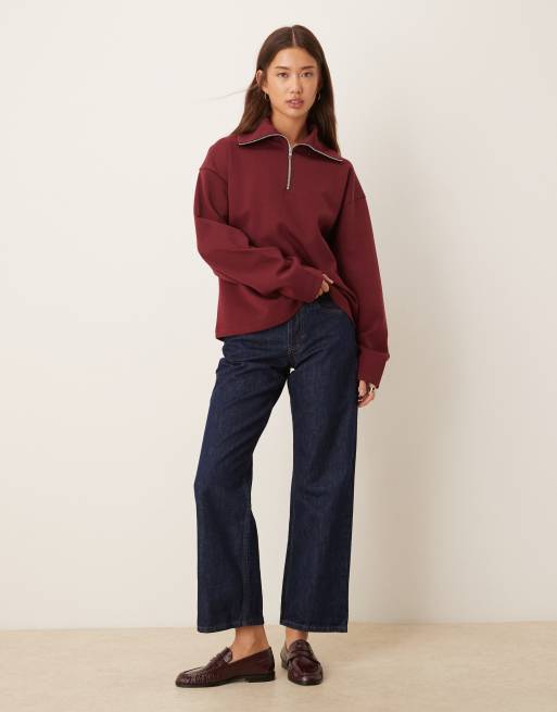 ASOS DESIGN – Sweatshirt aus Interlock-Stoff in Burgunderrot mit kurzem Reißverschluss, 2 von 4