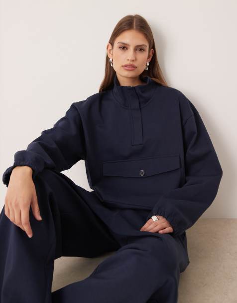 ASOS DESIGN – Sweatshirt aus Interlock-Stoff in Marineblau mit extremem Stehkragen und kurzem Reißverschluss, Kombiteil - view 1