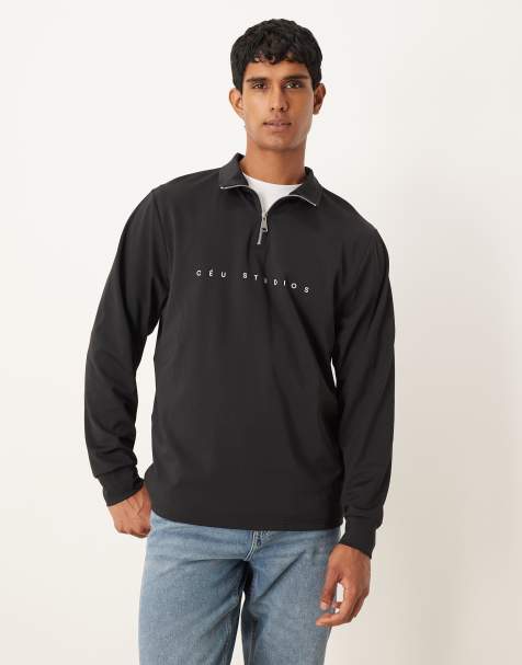 ASOS DESIGN – Sweatshirt aus Material in Neopren-Optik in Schwarz mit kurzem Reißverschluss - view 1