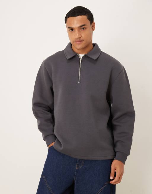 ASOS DESIGN – Sweatshirt aus neoprenartigem Material in Anthrazit mit Kragen und kurzem Reißverschluss